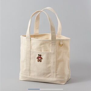 AE American Eagle Canvas Teddy Tote Bag Cream with Teddy Bear Embroidery